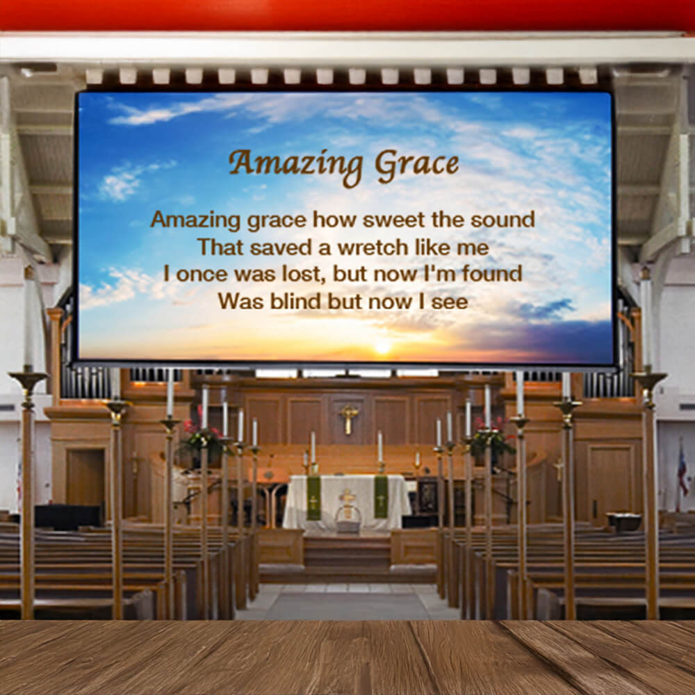 Large-screen LED display system for churches featuring hymn lyrics, sermon presentations, and worship media content. Professional sanctuary projection technology enhances religious services with high-resolution visual displays, perfect for modern church installations, worship centers, and faith-based community gatherings.